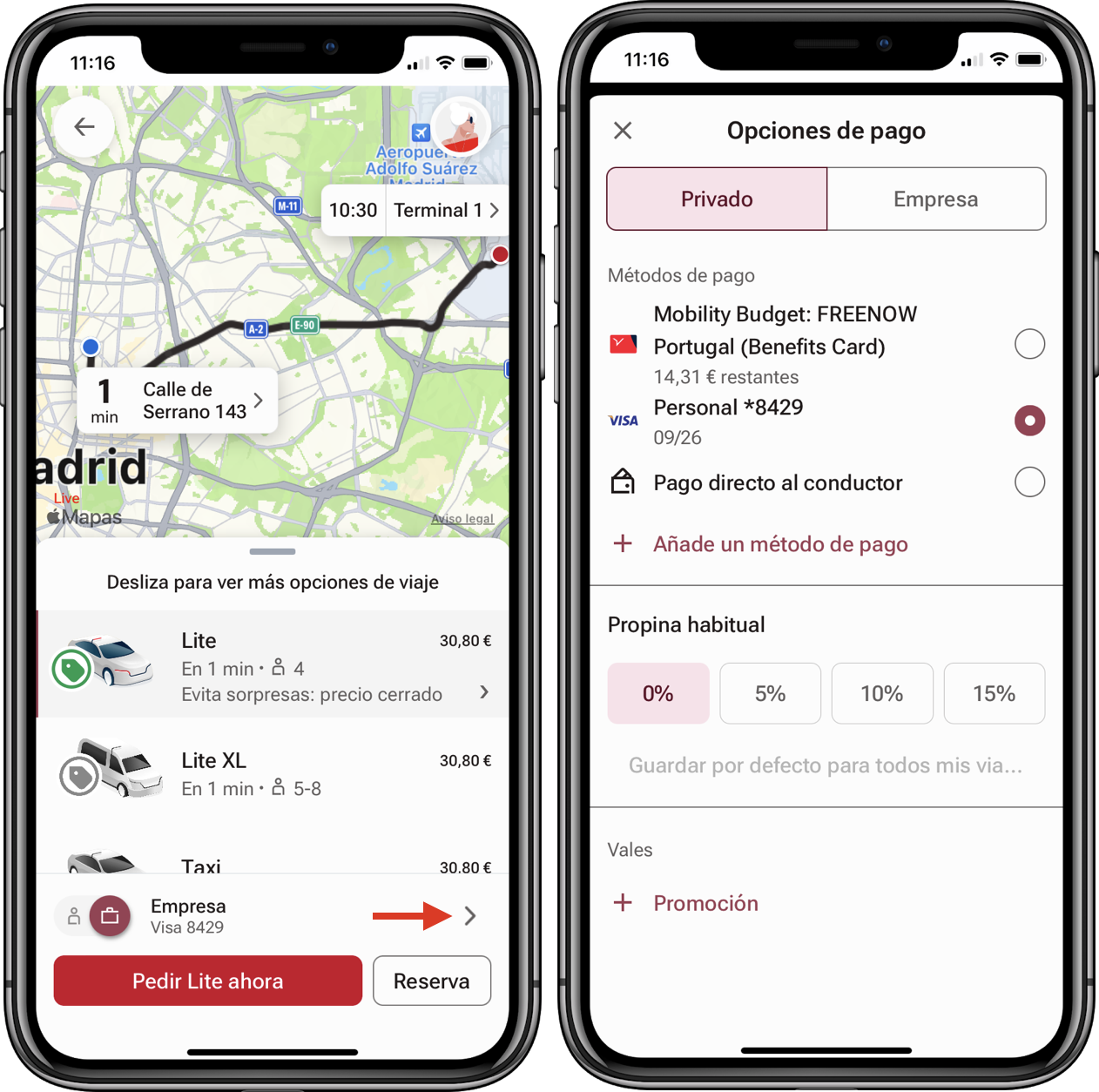 Ride booking and payment options on app