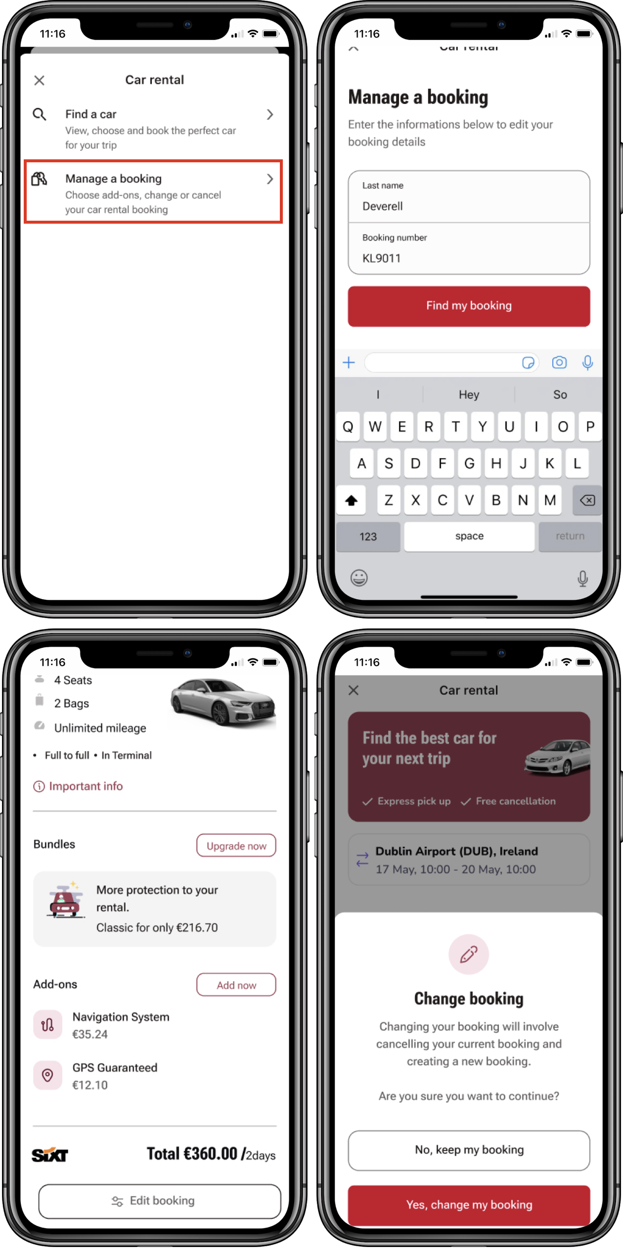 Car rental booking management app screens.